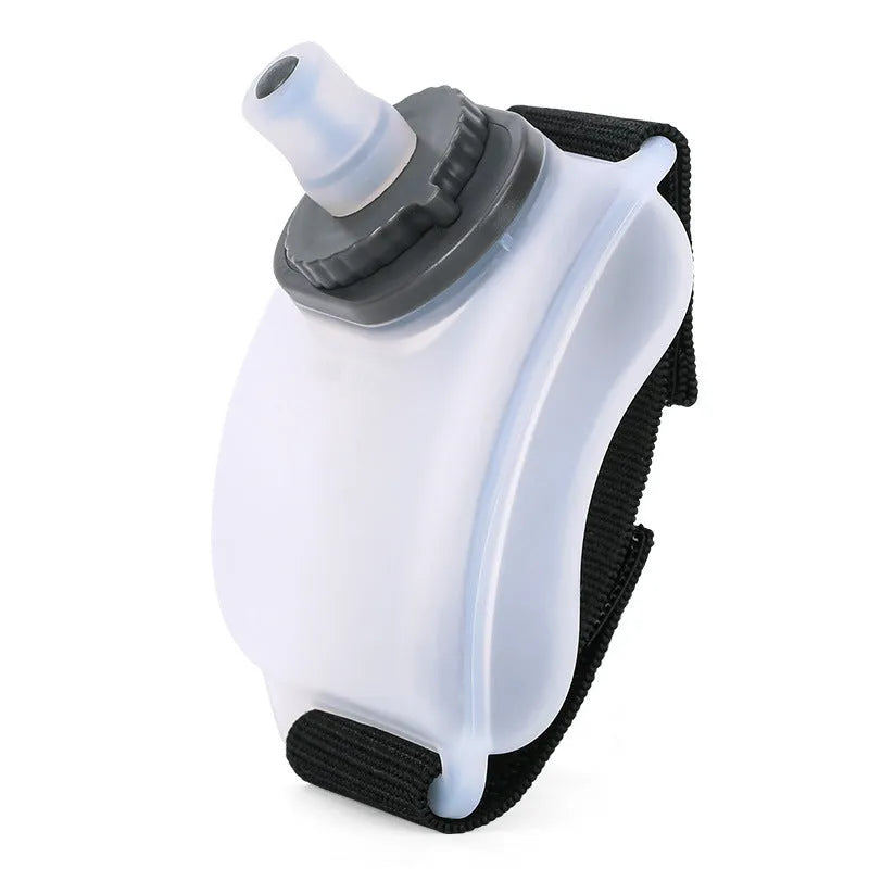 200ml wrist sports water bottle with silicone mouthpiece and Velcro strap in orange, brown or black