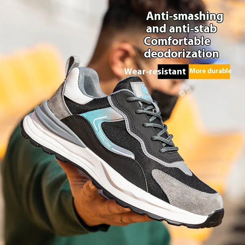 Men's black steel toe work shoes with breathable mesh panels and lace-up front