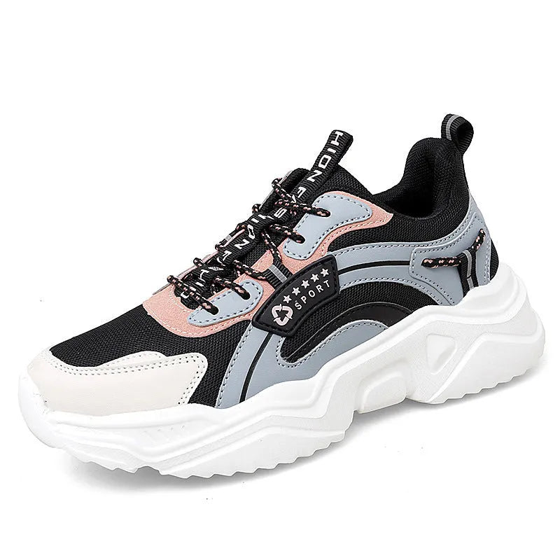 White women's casual sport shoes with a mesh upper, thick PU sole, buckle detail, and round toe.