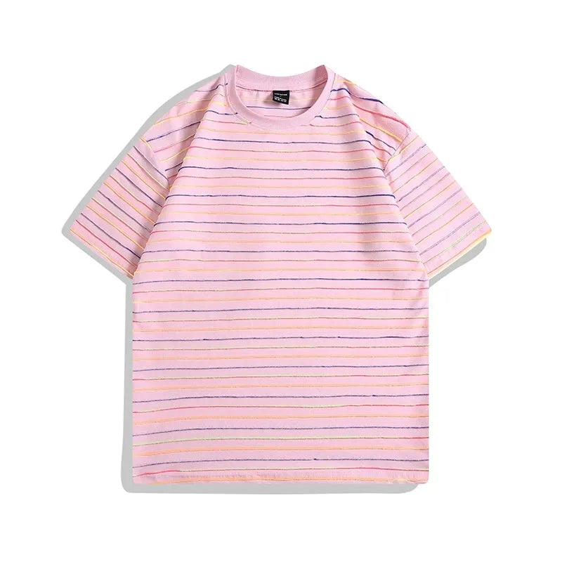Men's striped loose fit short sleeve T-shirt in apricot colour with round neck and half sleeve design