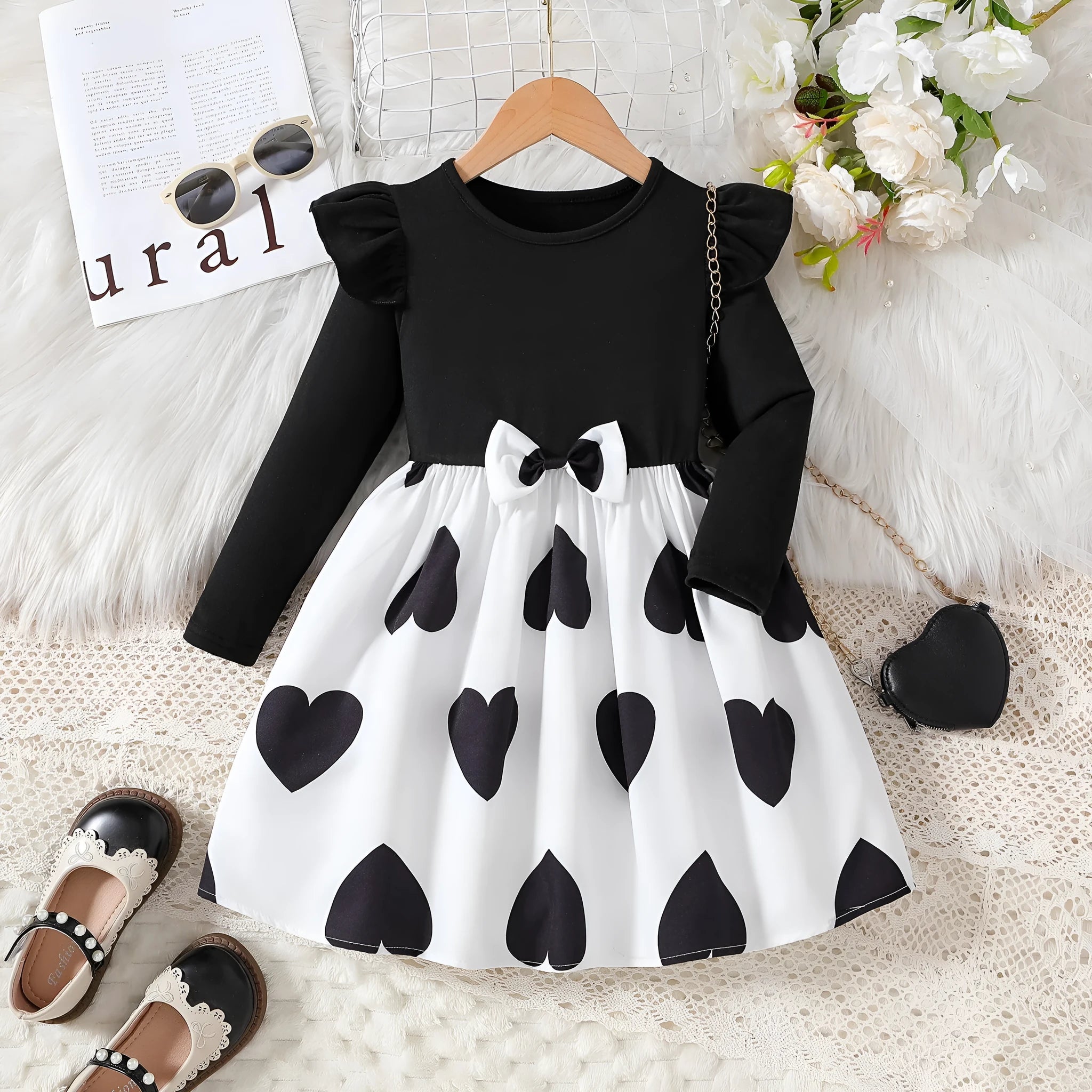 Black children's cartoon print long sleeve princess dress with cotton lining