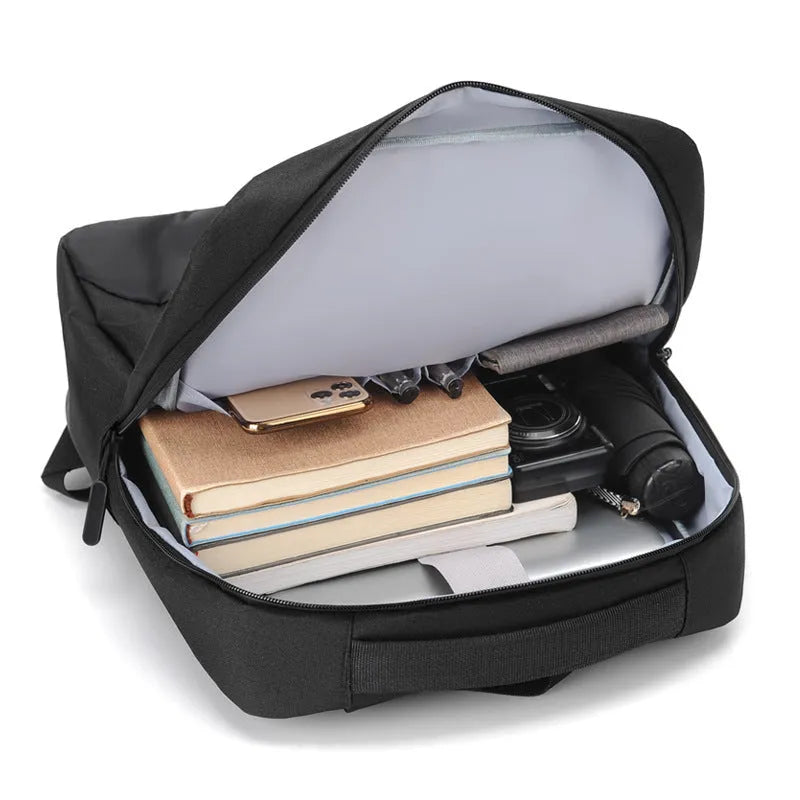 Men's black waterproof Oxford cloth business backpack with curved straps and laptop compartment