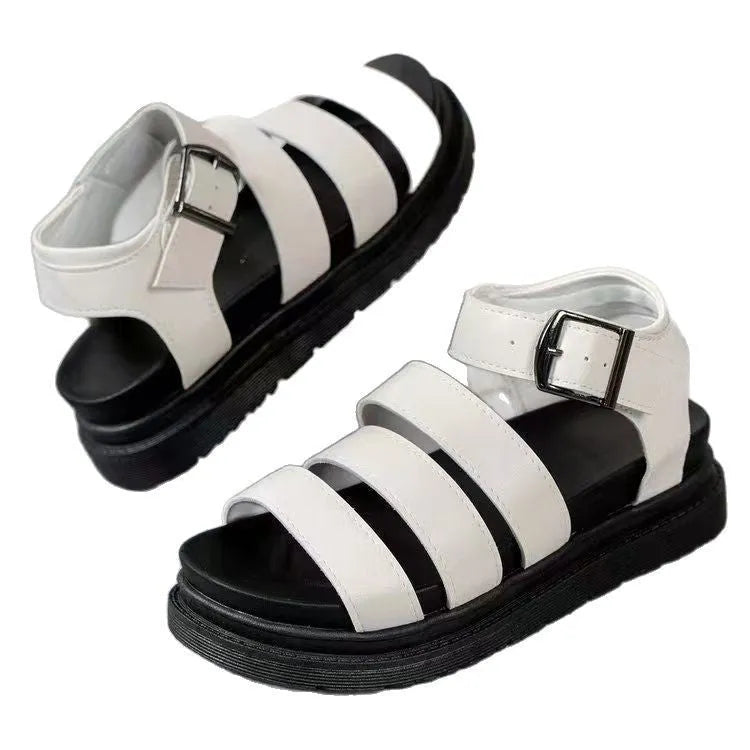 Adjustable strap buckle beach sandals with thick rubber sole and round toe design in black colour
