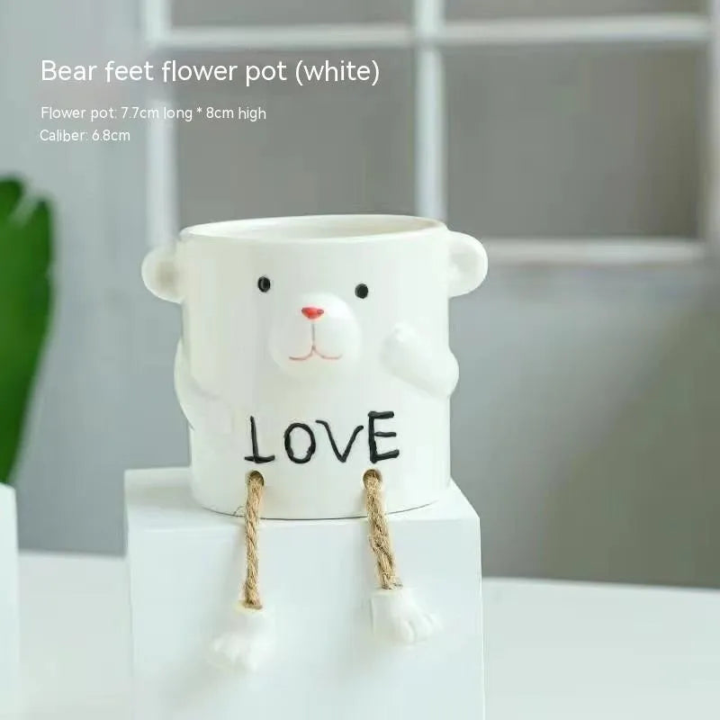 Ceramic hanging foot flowerpot for succulent plants in cartoon style with multiple colour options