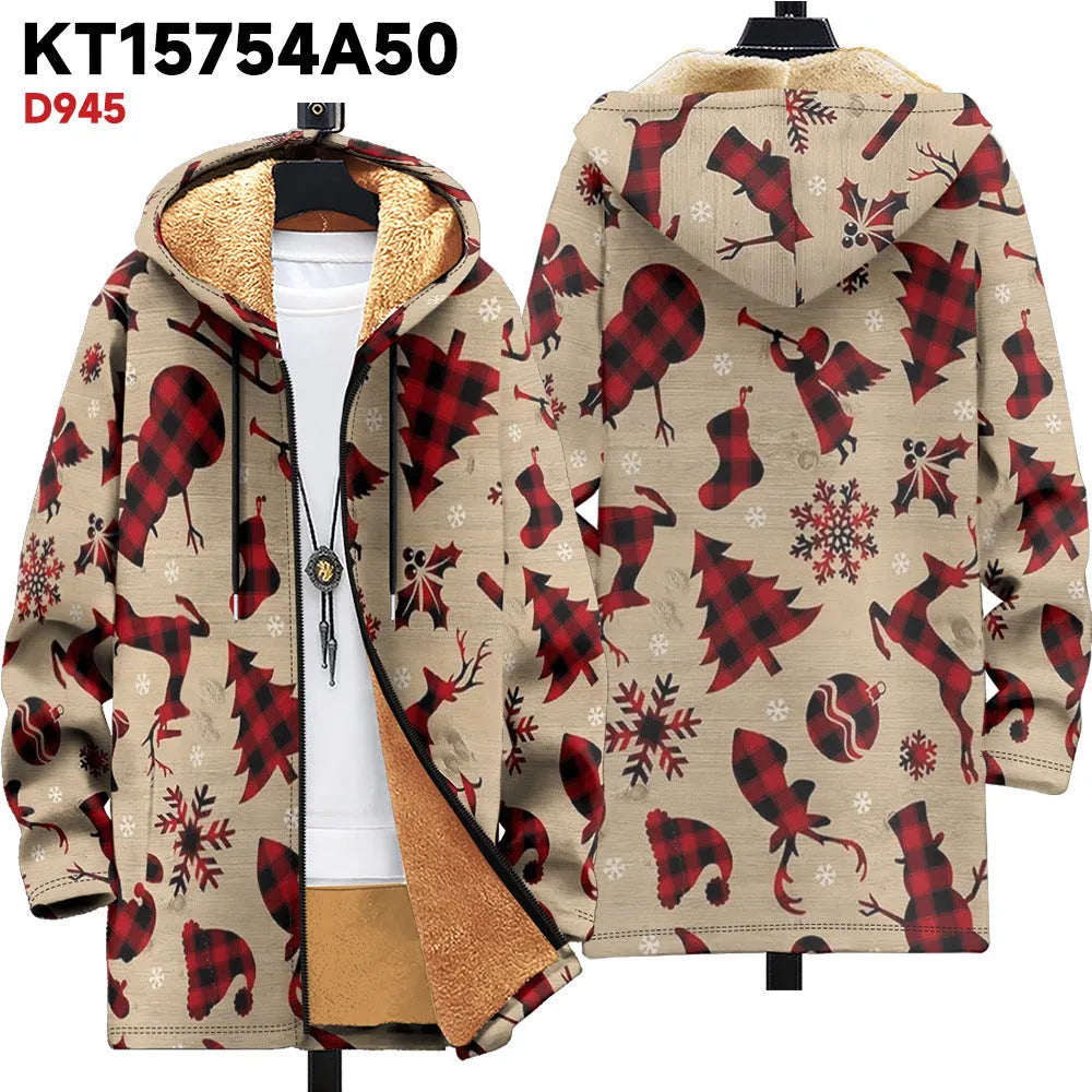 Man wearing a multicolour digitally printed hooded cardigan with a front zipper in a loose fit.