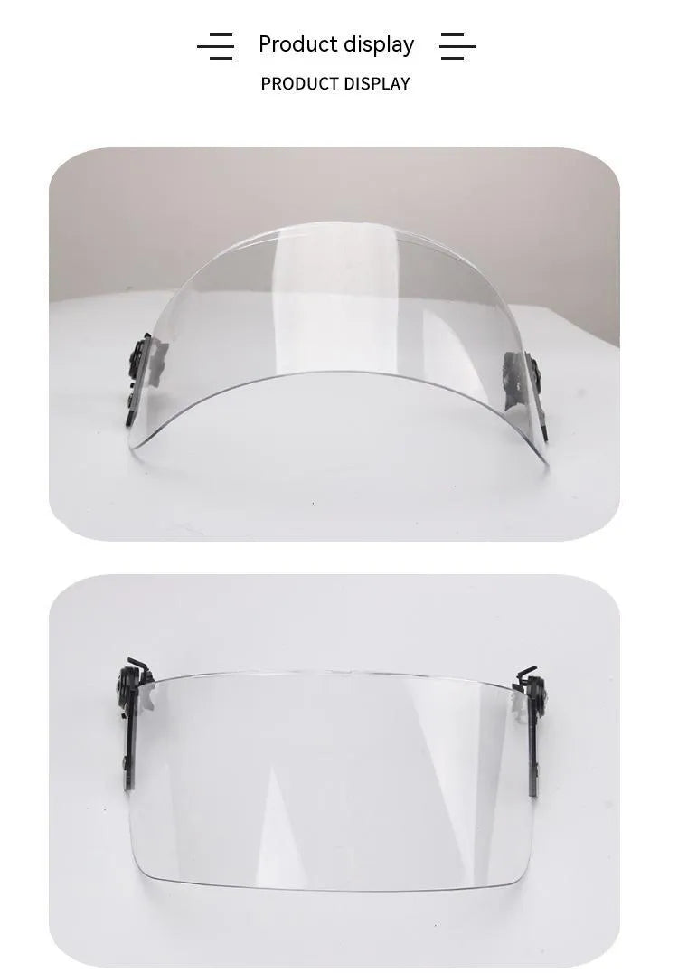 Transparent polycarbonate helmet mask with guide rail for attachment, showing semi-rimless sports design.