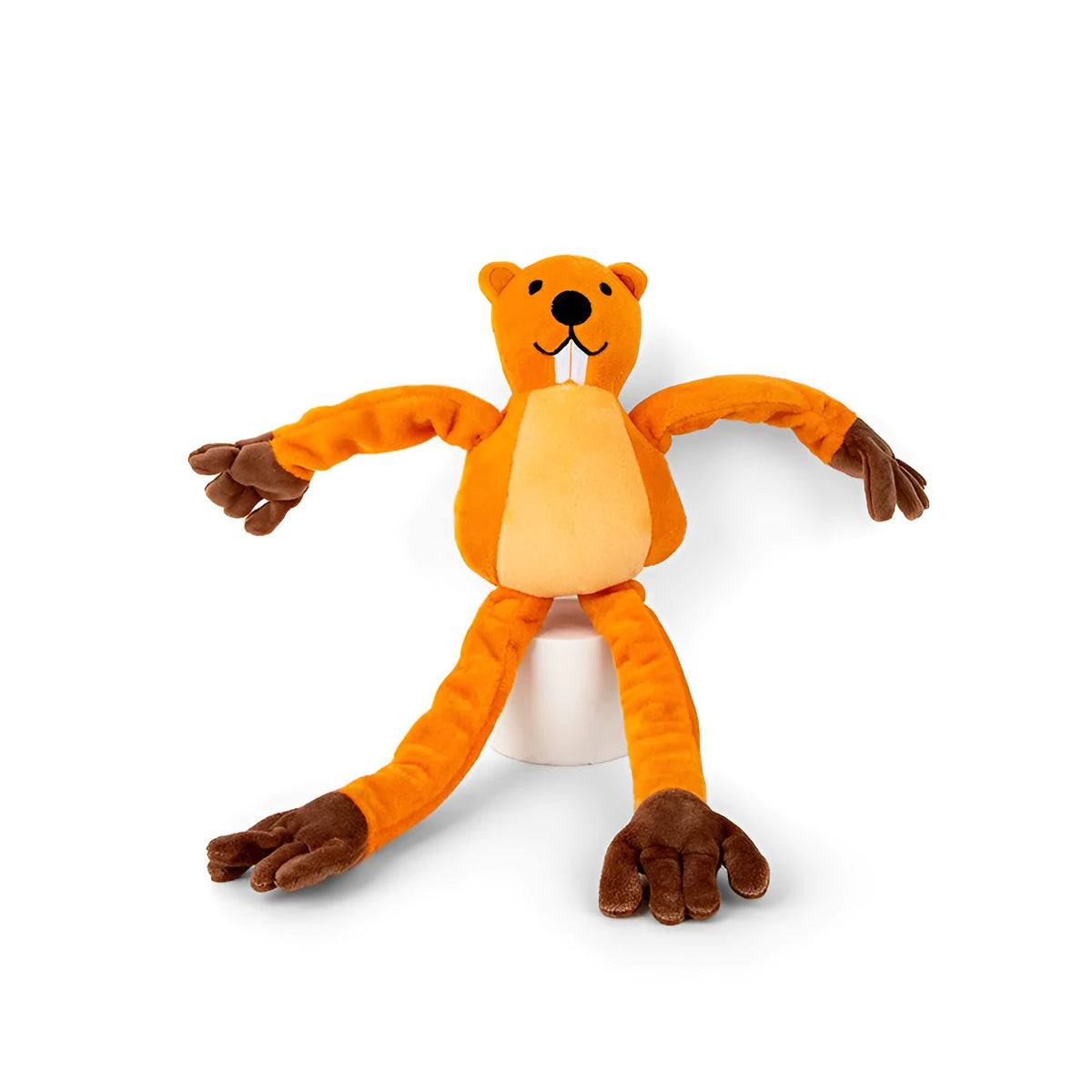 Orange plush dog toy for interactive tug-of-war, chewing and noise-making play