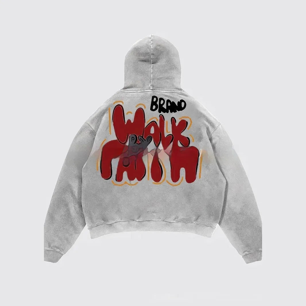 Granny grey women's hoodie with character print design and pocket