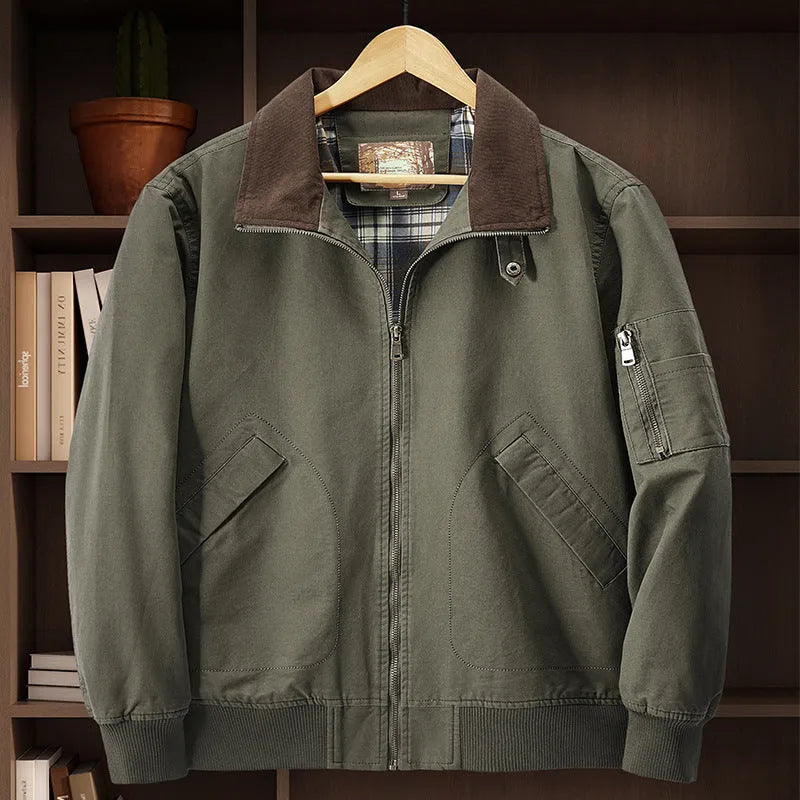 Men's plus size washed cotton baseball flight jacket in Army Green colour.