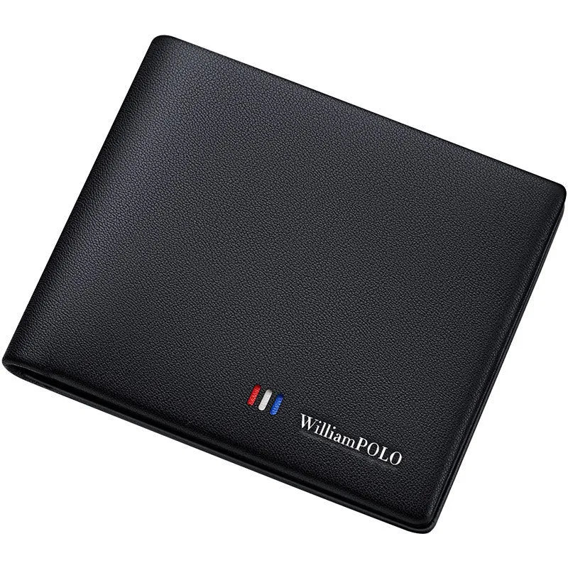 Men's slim leather wallet showing anti-theft card slot and letter pattern detail
