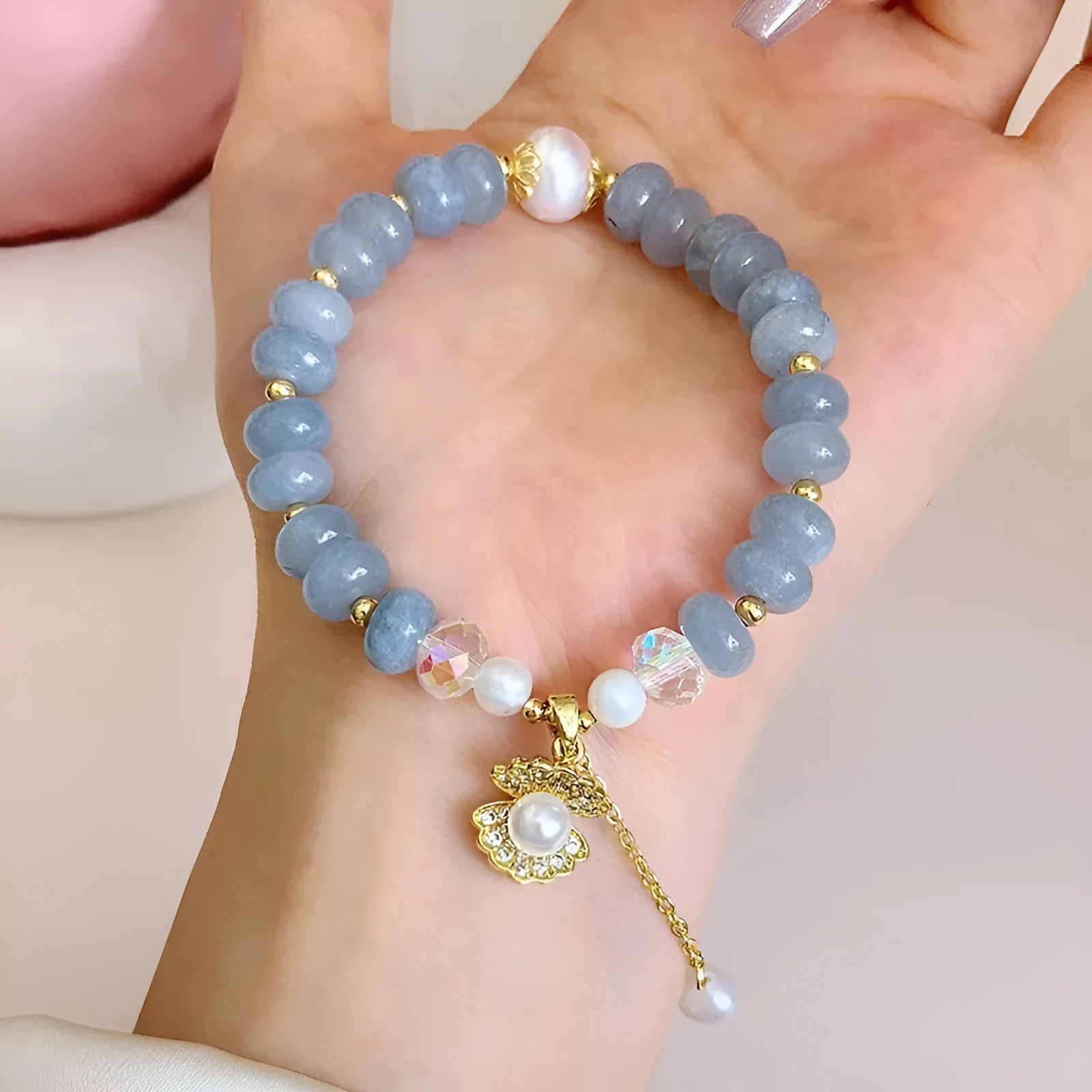 Manual craft natural aquamarine pearl and shell healing bracelet with adjustable design