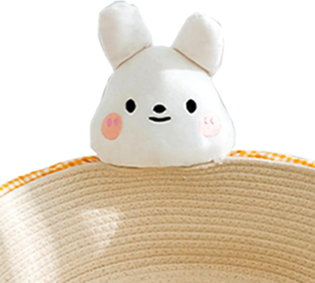 Woven cotton rope cat bed with scratching board in bear design, showing basket shape with textured surface