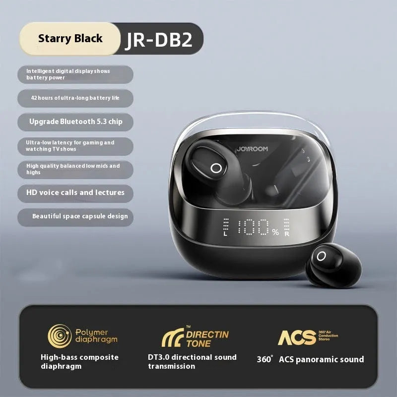 Beige wireless in-ear Bluetooth headphones and charging case on a table with a USB Type-C cable.