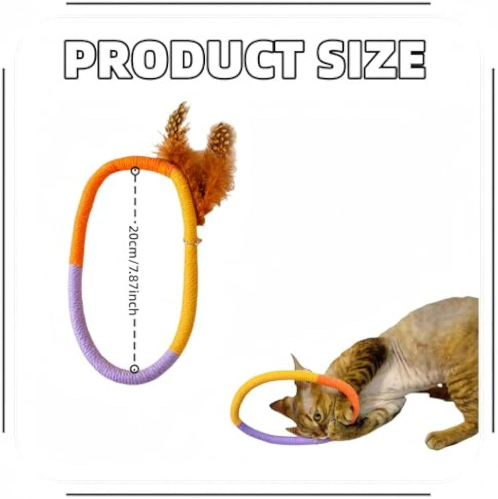 Green circular cotton rope cat toy with feathers for chewing and interactive play