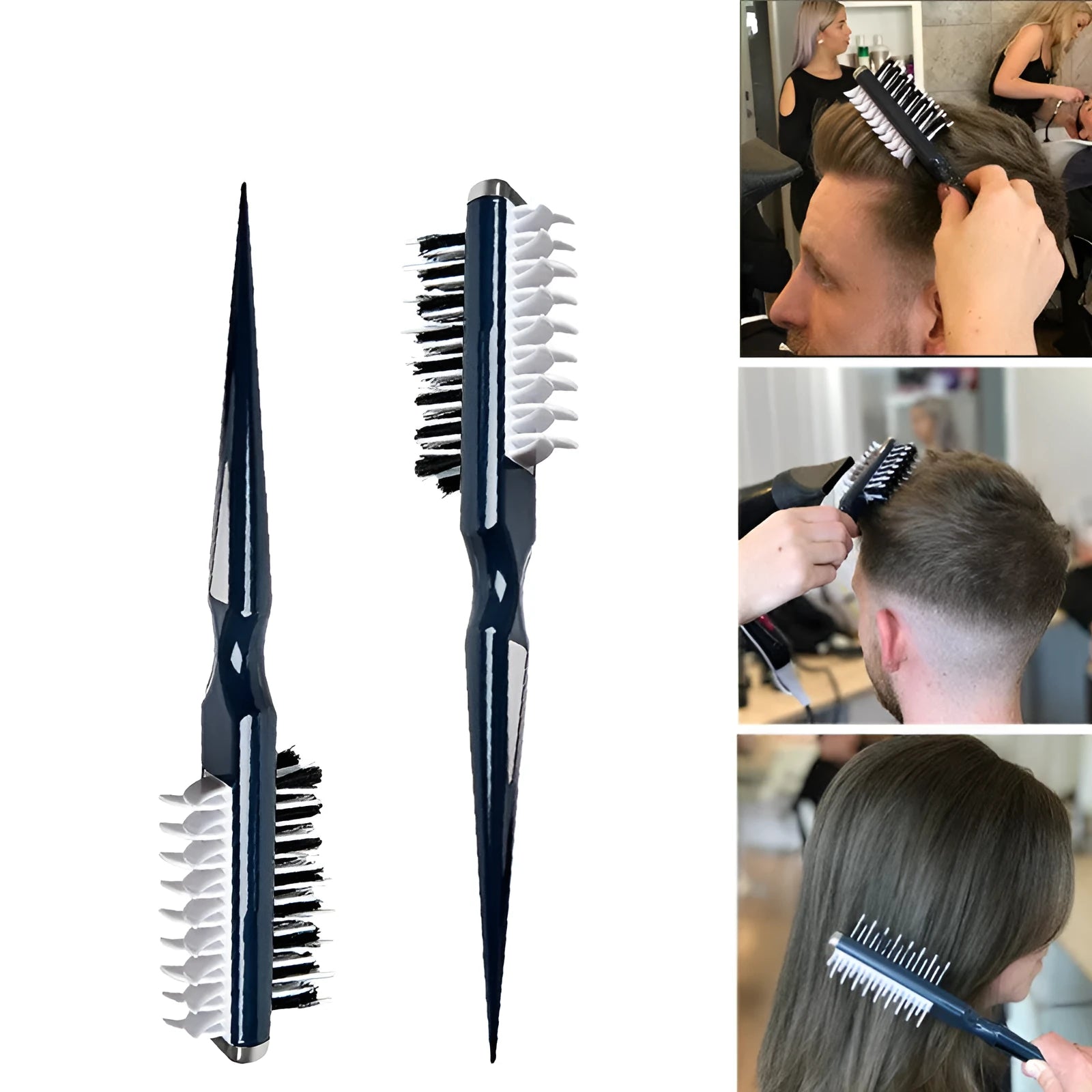 Black hair volumizing comb with natural boar bristles and shark-shaped fins on white background