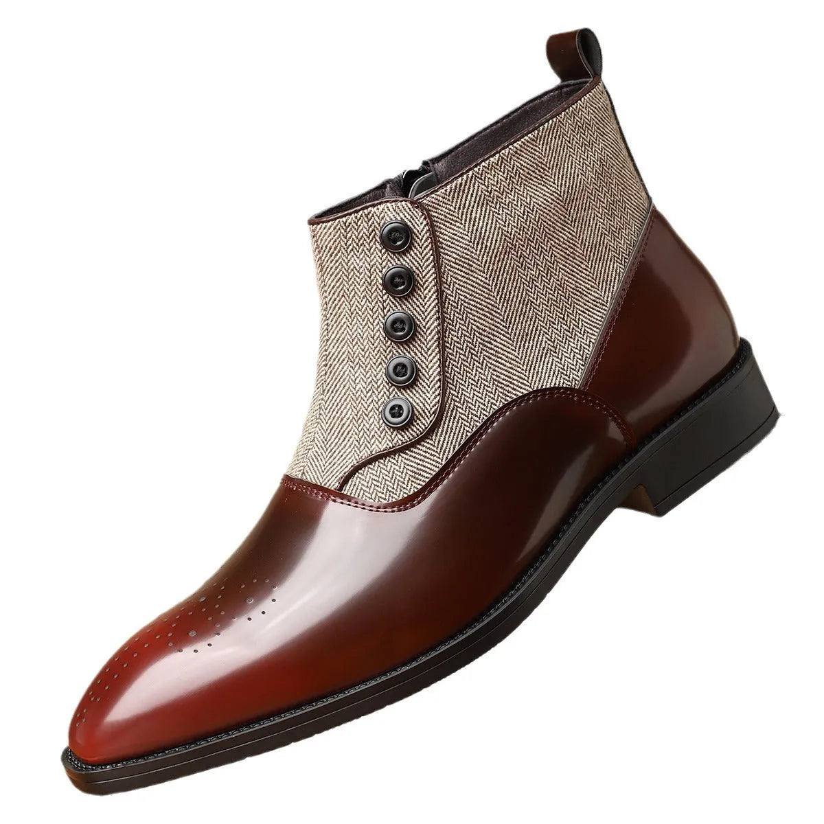 Brown retro men's formal shoe with side zipper, embossed texture, square toe, and low square heel on a plain background.
