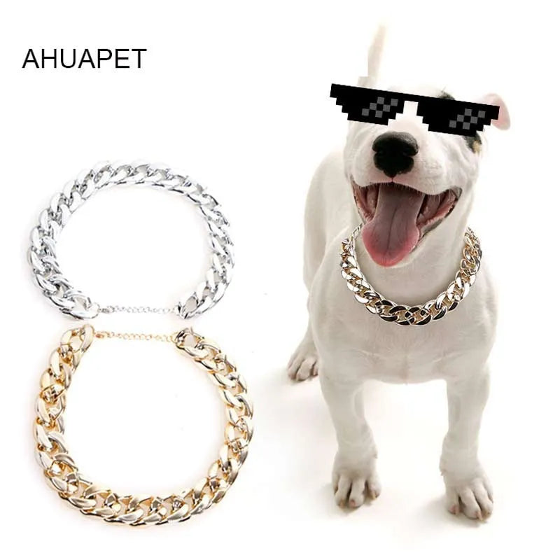 Adjustable geometric dog collar in KC gold with twisted chain design for small to medium dogs
