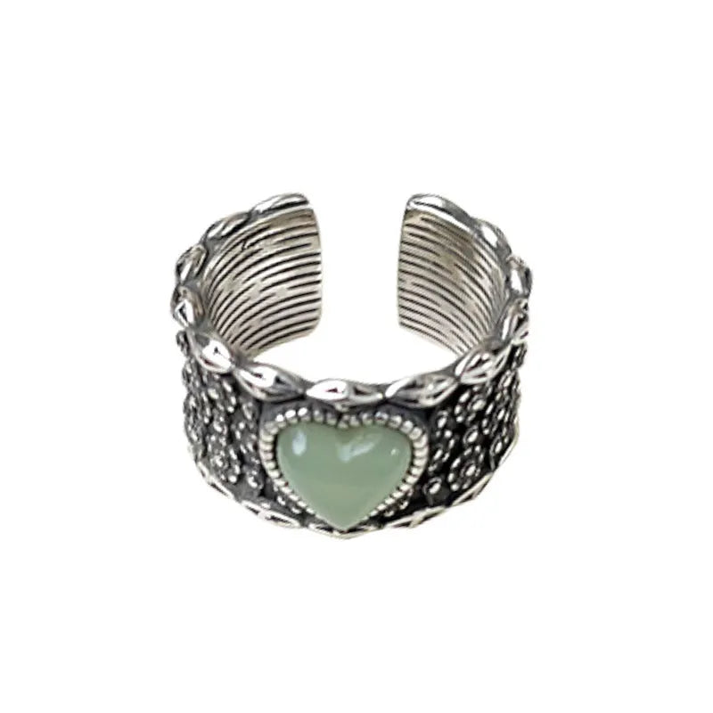 Retro wide-faced adjustable heart ring in white copper plated silver, available in green or white