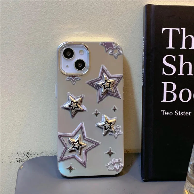 Silver gray acrylic hard phone case with electroplated three-dimensional star pattern for iPhone