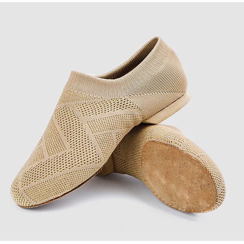 Camel coloured Latin dance shoes with cotton mesh upper and leather sole for unisex adult wear