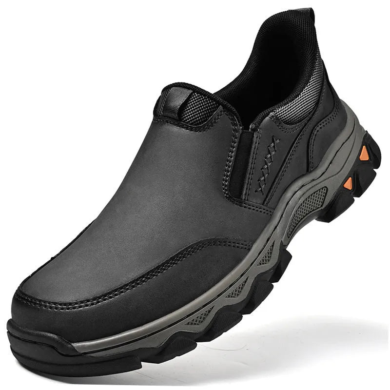 Men's dark brown casual leather shoes with a flat heel and round toe on a white background