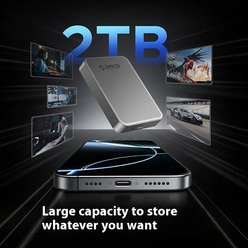 Grey magnetic mobile external SSD for phones and computers with a C to C cable and magnetic ring.