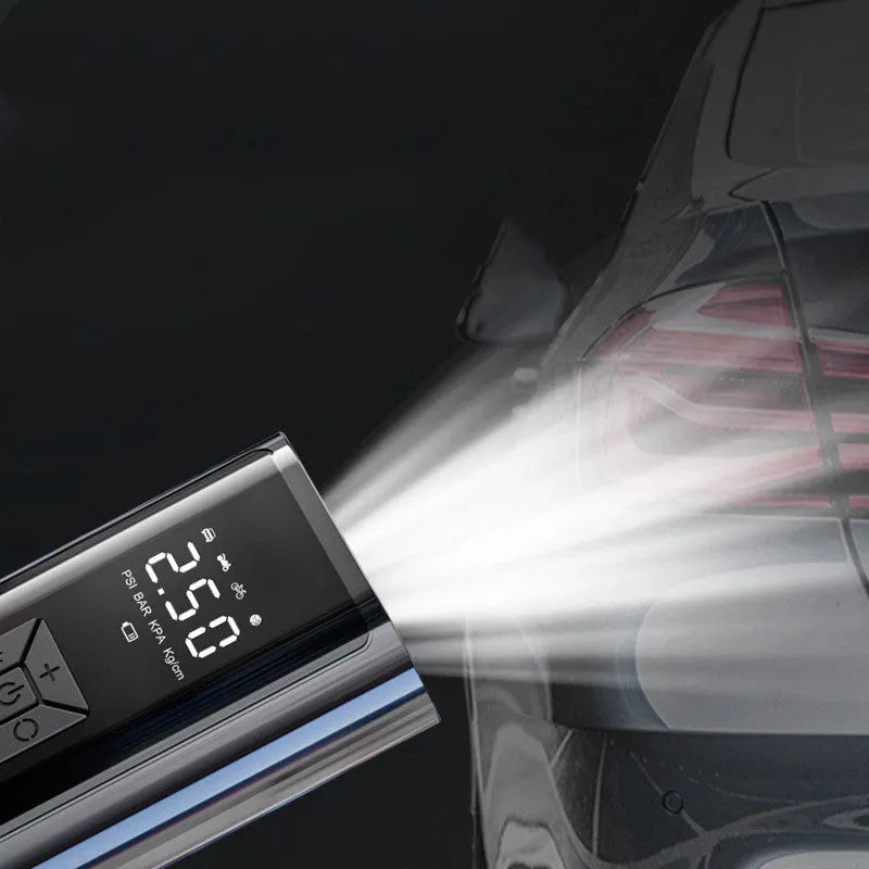 Portable wireless digital car tyre pump with display showing pressure reading