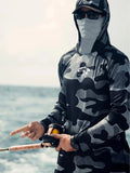 Men's grey long sleeve fishing hoodie with mesh side panels and a face mask, labelled with UPF 50 sun protection.