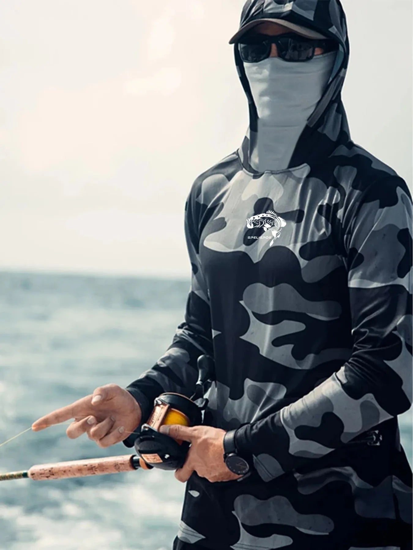Men's grey long sleeve fishing hoodie with mesh side panels and a face mask, labelled with UPF 50 sun protection.