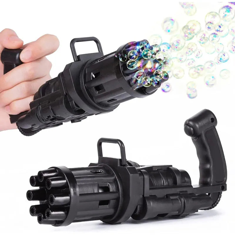 Kids pink bubble machine gun toy with leaf blower design on green grass