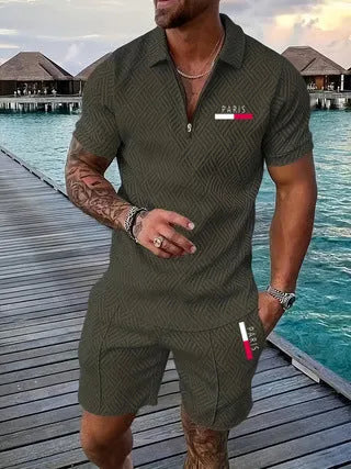 Men's casual retro plaid beach suit set with Paris heat transfer patch short sleeve T-shirt and shorts in multiple colours