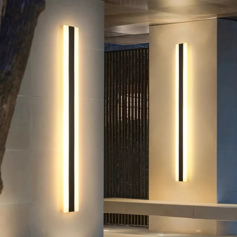 Long straight outdoor LED wall lamp with wrought iron shell for waterproof garden lighting.
