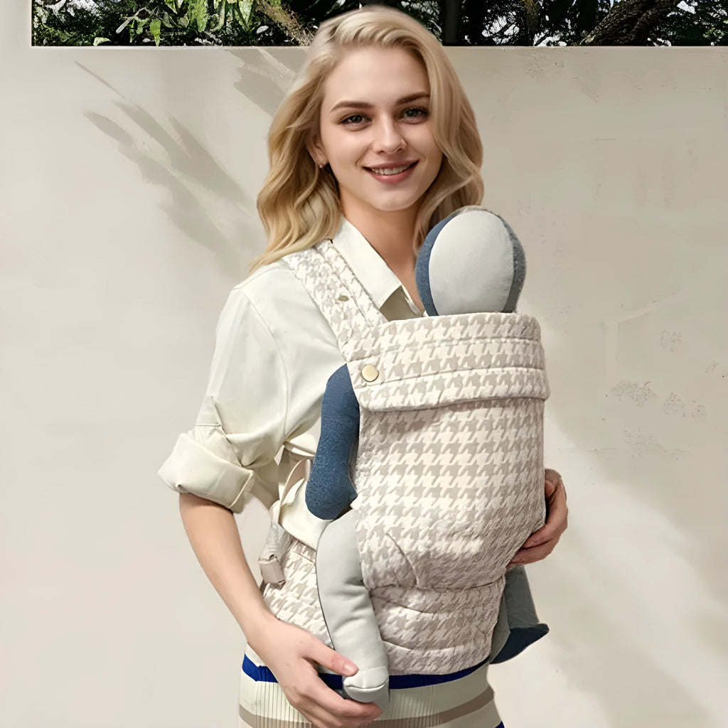 Baby multi-functional adjustable shoulder strap carrier in Champagne houndstooth colour on white background