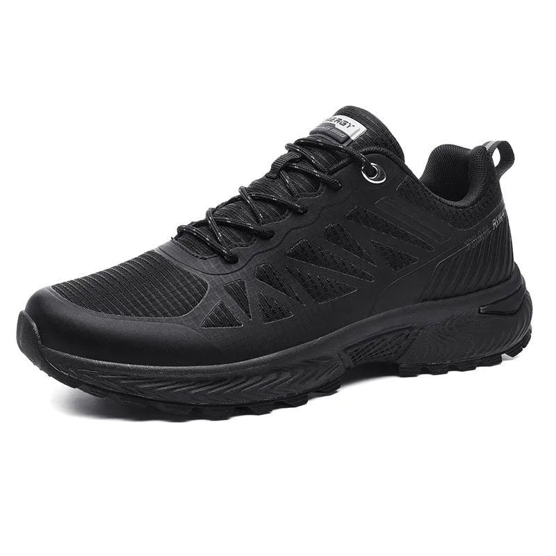 Men's black breathable mesh running shoe with lace-up front and round toe, shown on a white background.