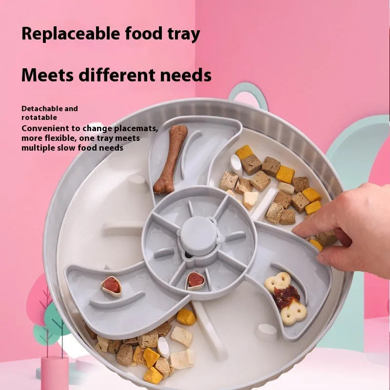 Colourful rotating pet slow feeder bowl with a silicone licking mat in a windmill design.