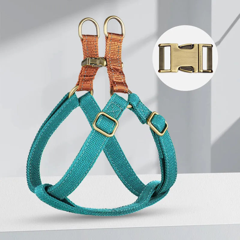 Vest style dog leash harness in brown colour with adjustable straps and alloy fasteners