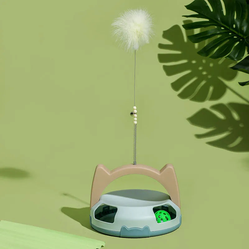 Bite-resistant plastic cat toy stick with a spinning ball on a flexible wire, shown in assorted colours.