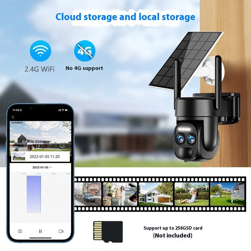 Solar-powered security camera with 8x zoom lens in outdoor setting