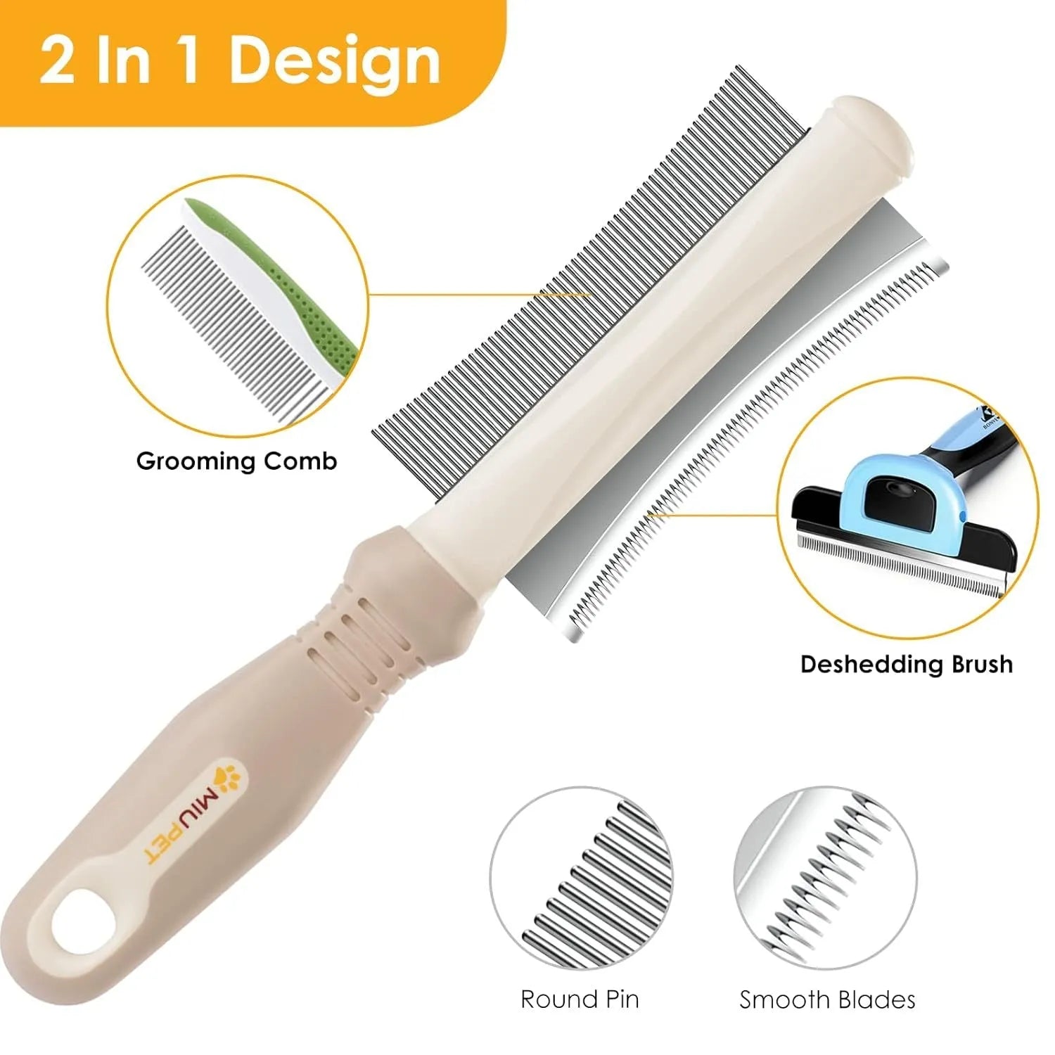 White double-sided dog and cat grooming brush with curved comb and deshedding bristles