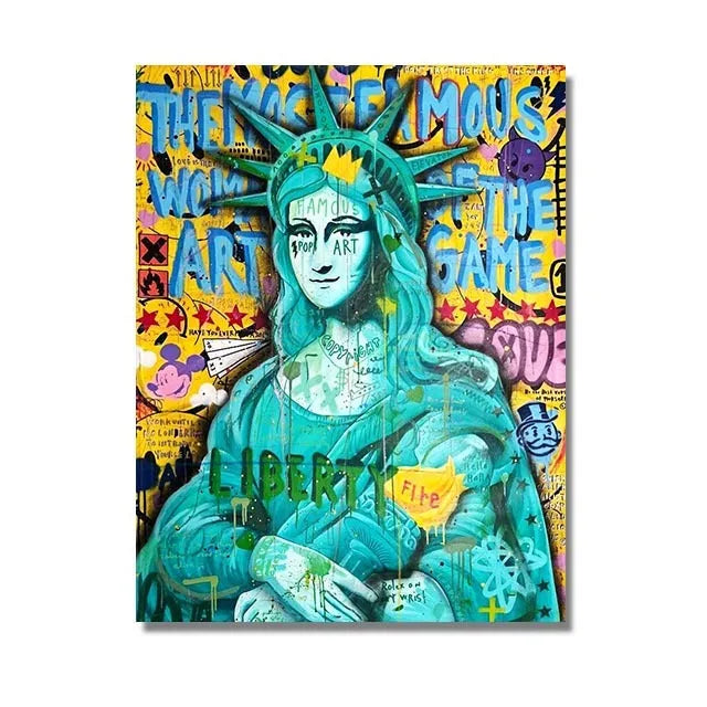 Frameless abstract graffiti canvas poster with spray painted street art design, available in sizes from 20x25cm to 80x120cm.