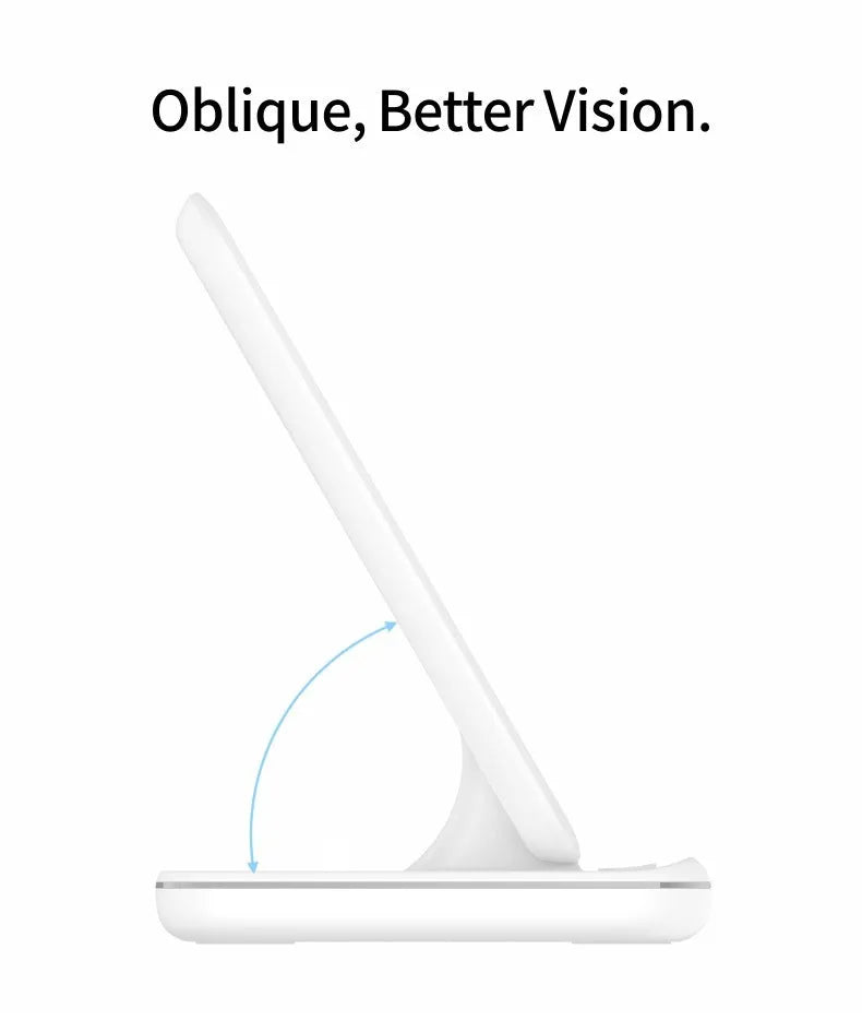 White three-in-one desktop wireless charging stand for mobile phone, watch, and headset.