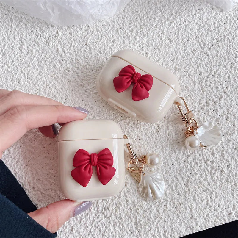 Beige red bow shell patterned TPU case for AirPods Pro wireless earphones