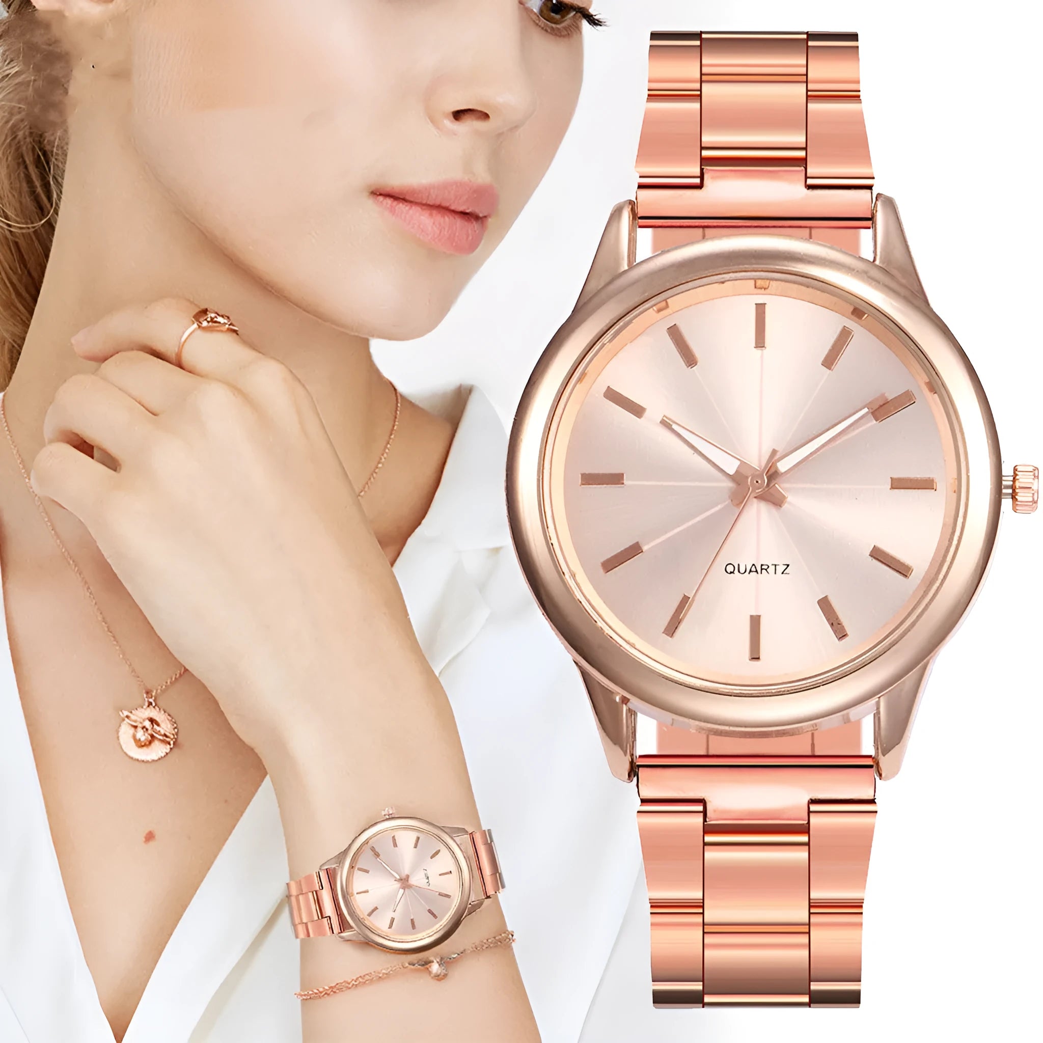 Women's quartz watch with 40mm alloy case, stainless steel strap, and glass dial in silver case with white face