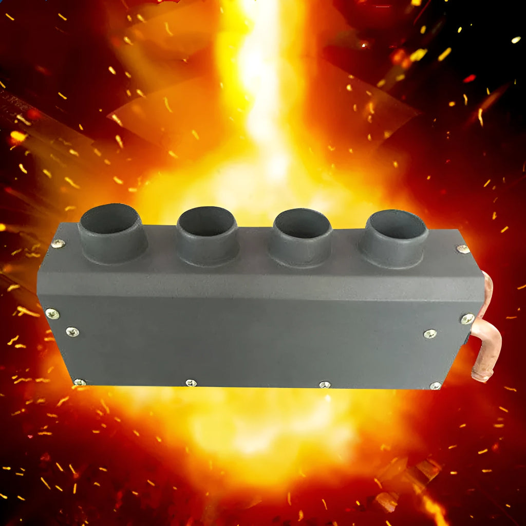 Metal car heater unit with copper pipe radiator and electrical connections for 12V 24V vehicle systems.