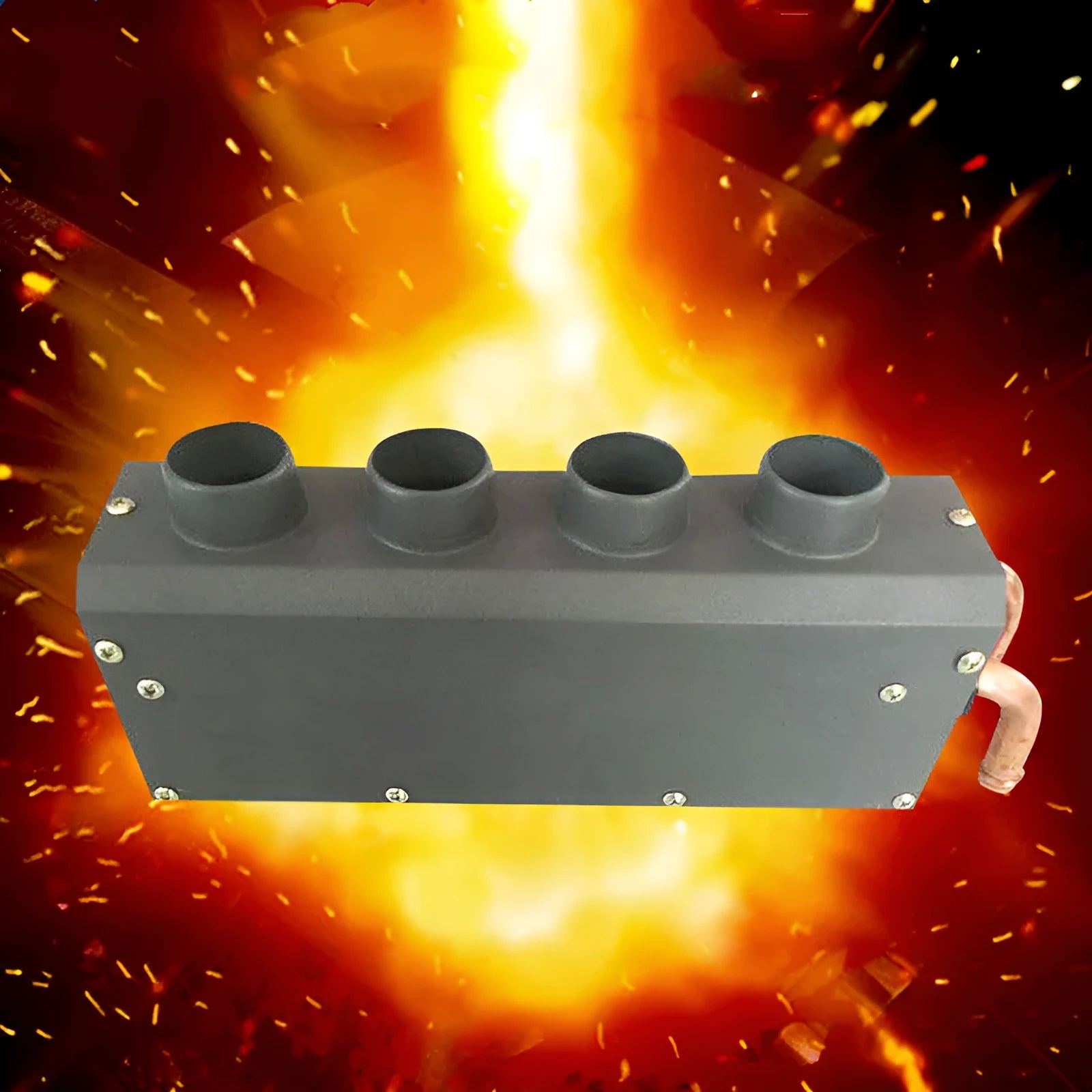 Metal car heater unit with copper pipe radiator and electrical connections for 12V 24V vehicle systems.