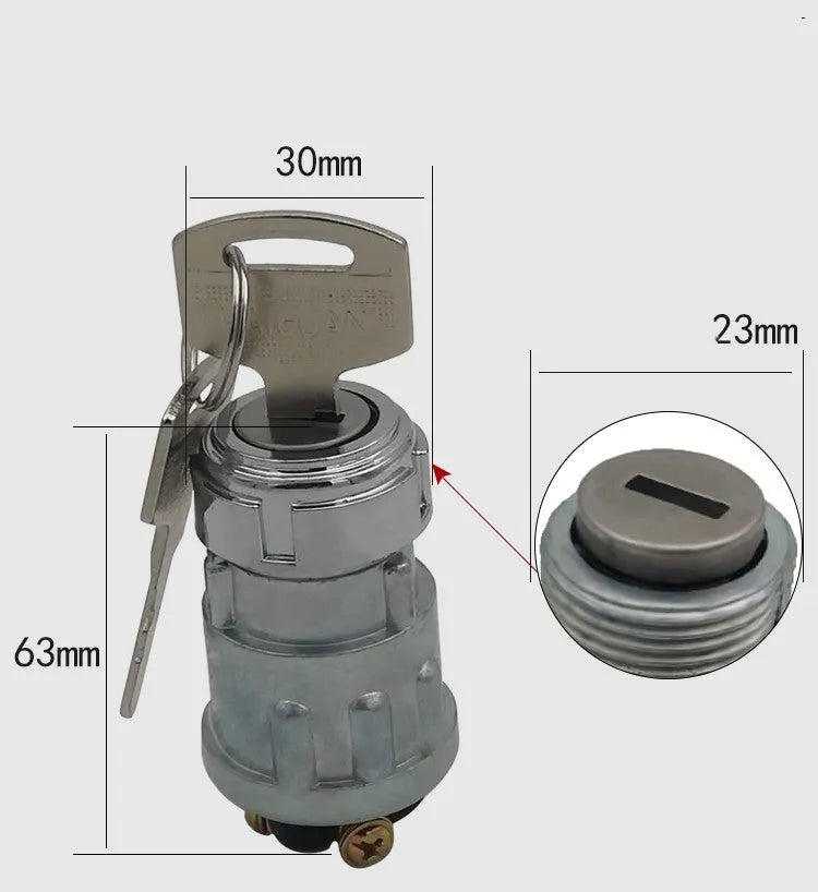 Copper vehicle ignition switch with a key for trucks and forklifts.