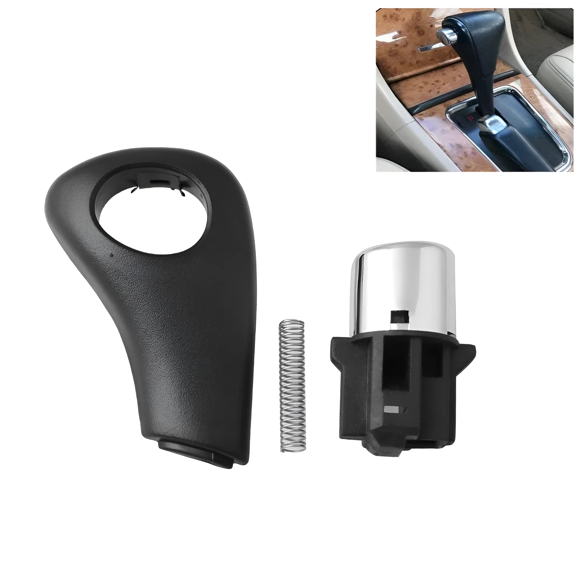 Black plastic shift button, spring, and side plate for Honda Accord 2003-2005.