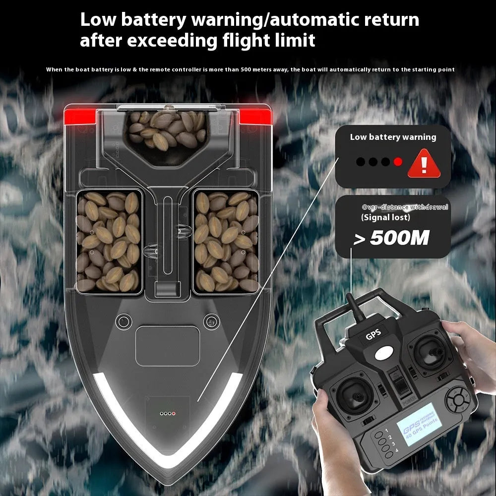 V020 GPS remote control fishing boat in luminous yellow on water, showing remote control unit and carry bag.