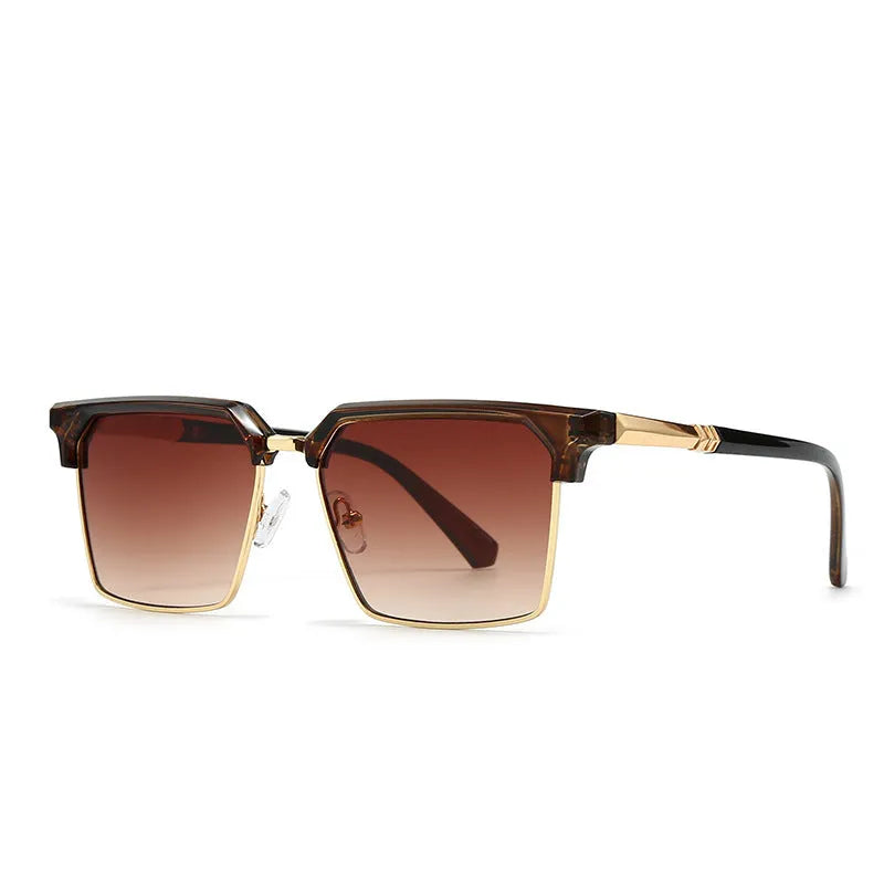 Men's square box-style sunglasses with plastic frames, shown in multiple colour options including black, tea, green, and blue.