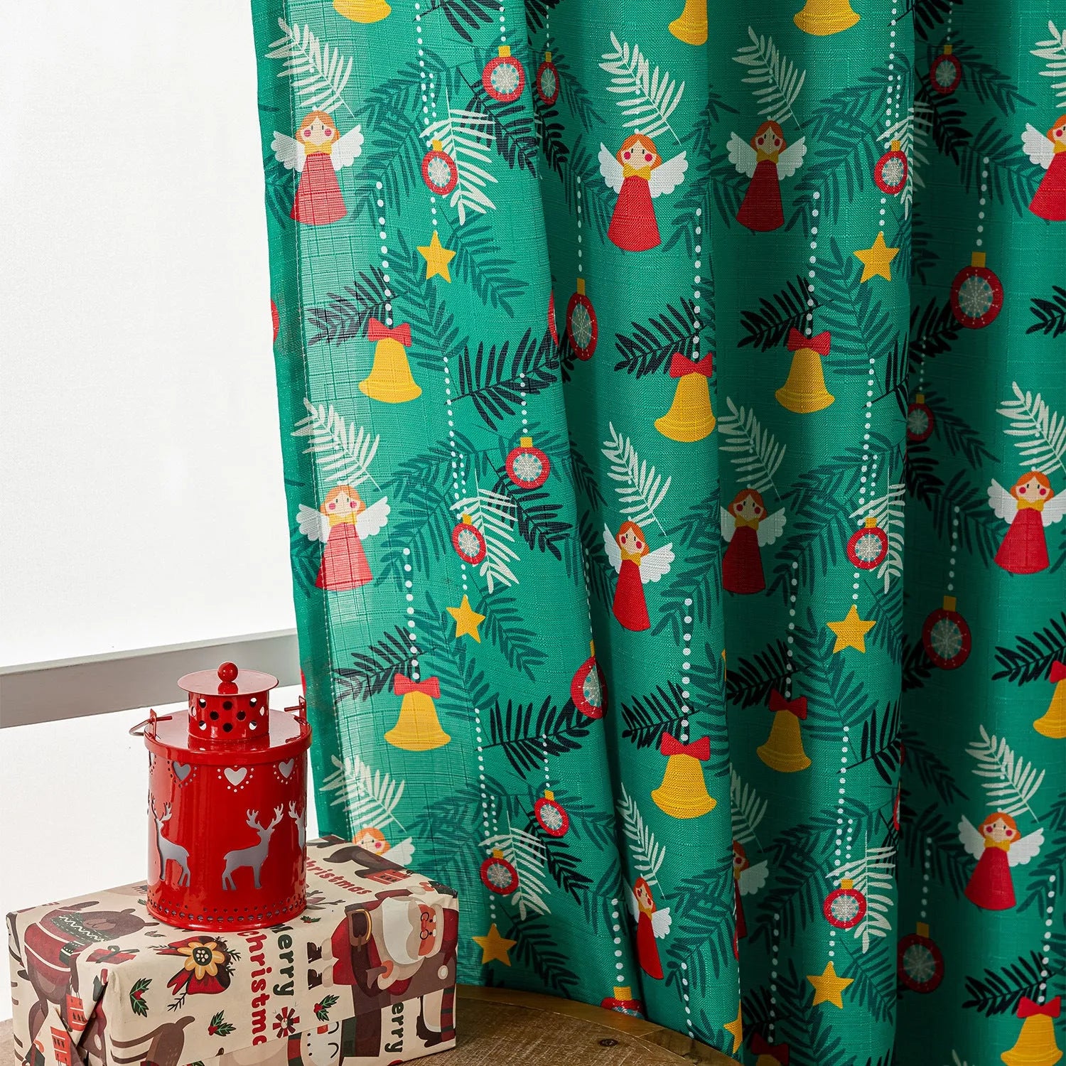 Green Christmas curtain with printed snowman angel cartoon pattern for living room decoration